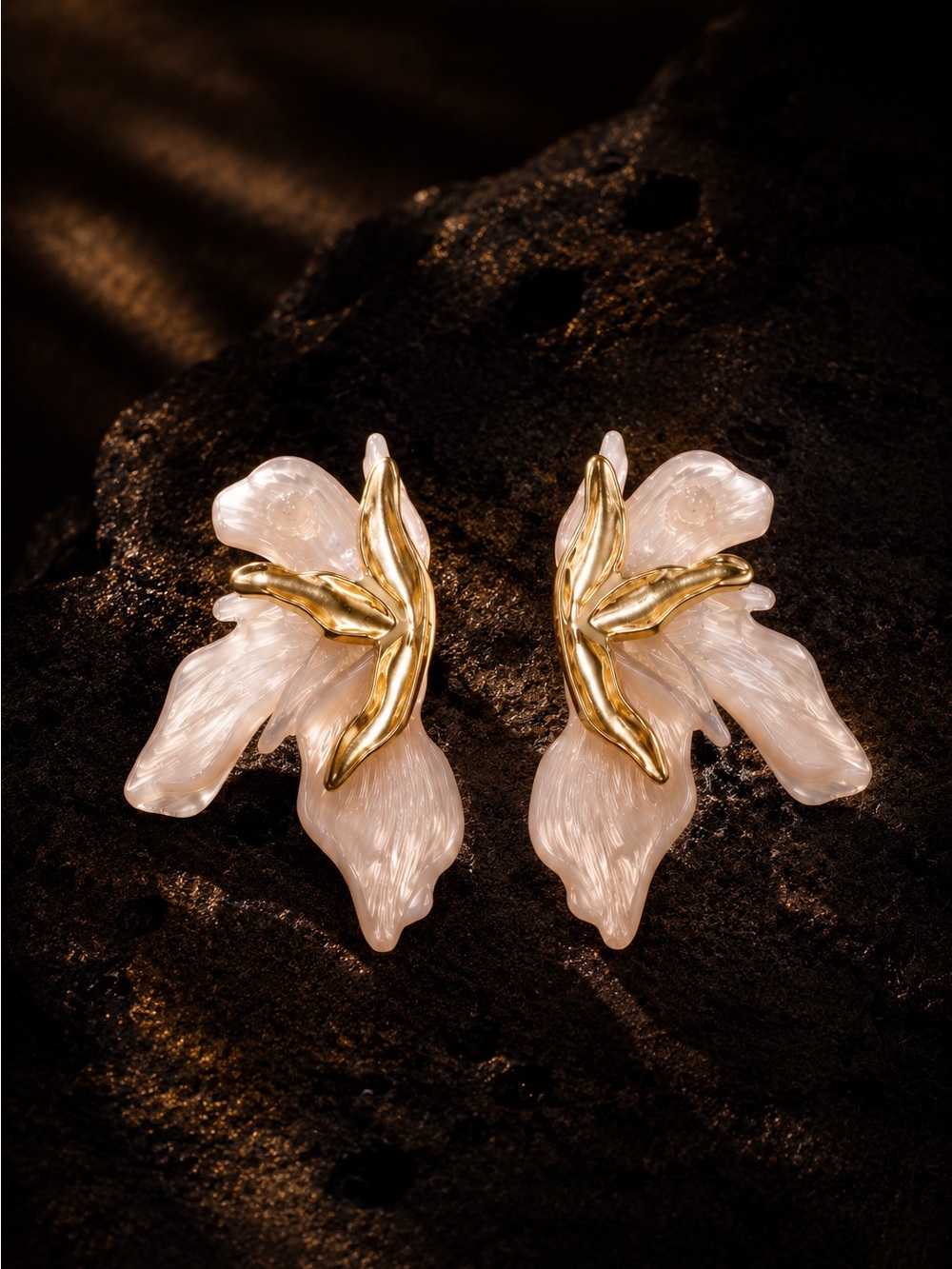 Gold tone and Pearl Pink Floral Petal Drop Earrings - Picture 7 of 11